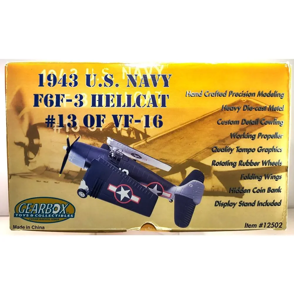 Gearbox Toys 1943 US NAVY F6F-3 HELLCAT #13 of VF-16 Coin Bank With Stand, Usedt